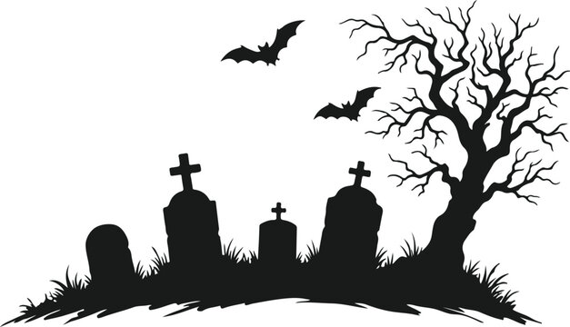 Silhouette of a spooky cemetery with tombstones, a dead tree, and flying bats