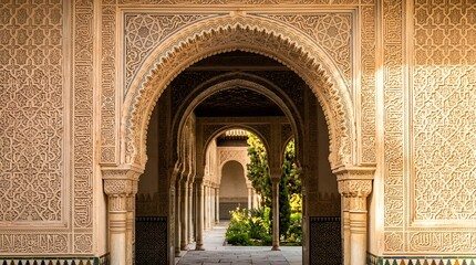 Obraz premium Intricate Moorish Archway with Geometric Patterns and Courtyard Garden
