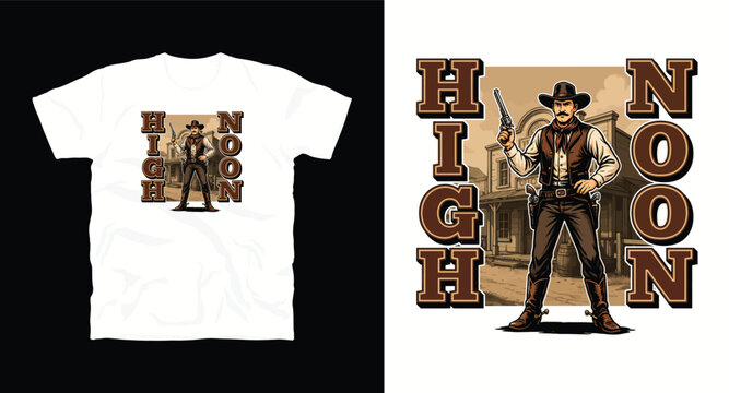 Cowboy sheriff high noon wild west shootout t-shirt design with gunslinger in old town background.