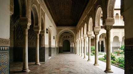 Obraz premium Moorish architecture hallway, ornate arches, intricate carvings, courtyard garden, historic palace