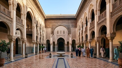 Fototapeta premium Moroccan Courtyard Architecture with Arches, Fountain, and People