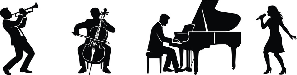 Jazz quartet silhouette trumpet cello piano and vocalist performance © Fabuji