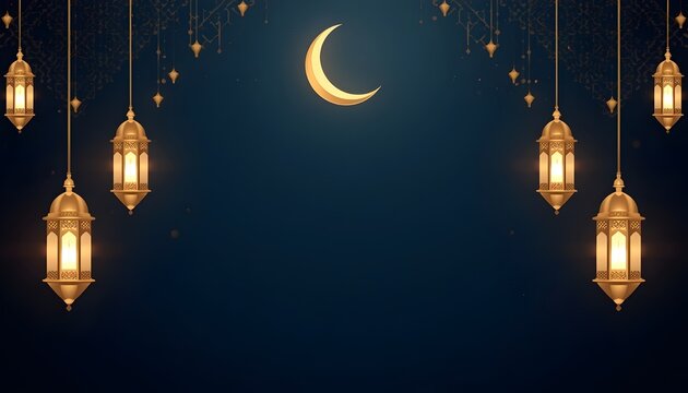 Ramadan Kareem elegant background with crescent moon and hanging lanterns