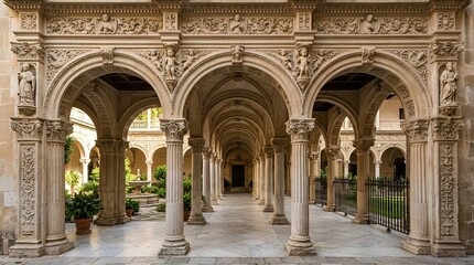 Obraz premium Ornate Renaissance Archway and Cloister Walkway with Stone Carvings