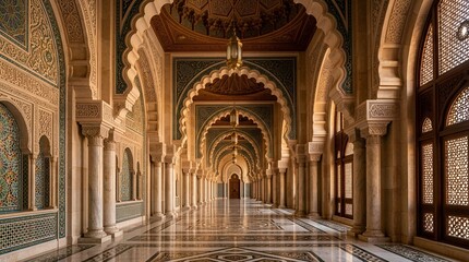 Obraz premium Ornate Palace Hallway with Arches and Intricate Patterns