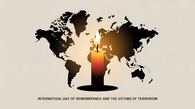 International day of remembrance and the victims of terrorism with a glowing candle silhouette against a black map on a beige background