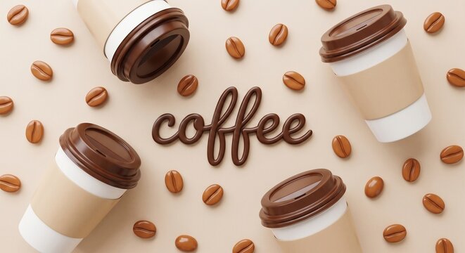 Top view of paper coffee cups with brown lids, kraft sleeves, scattered roasted beans, and 3D script text on a clean beige background