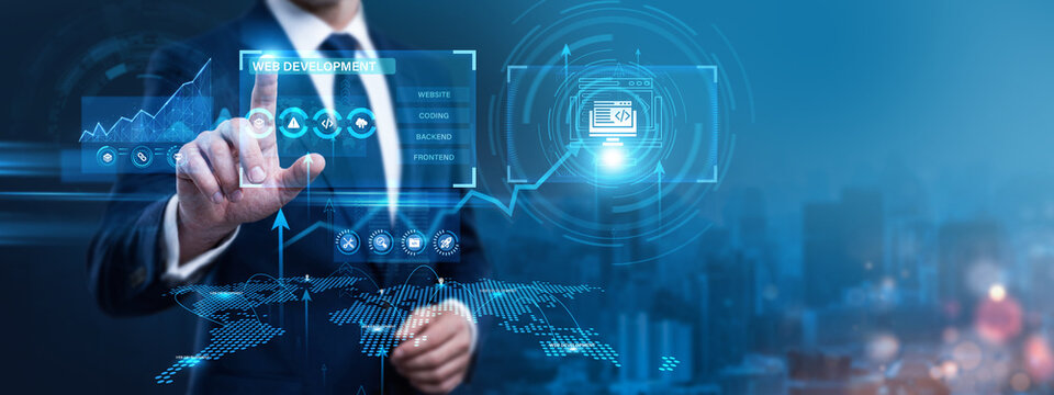 Frontend Programmer Using Digital Screen with Web Development and networking interactive user interface data. Coding responsive layout framework sheets, debugging client-side script events