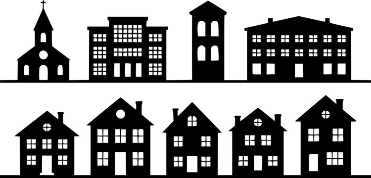 Suburban neighborhood residential houses and small town community buildings vector silhouette set featuring country family homes, a school, cottage architecture, and a church.