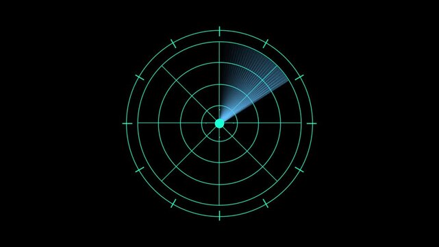 Futuristic radar animation with scanning lines for enemy detection and defense.Radar screen with scanning lines and loop animation for enemy detection in defense.