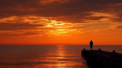 Fototapeta premium Silhouetted fisherman casting net at sunset on calm sea