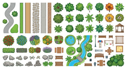 Landscape Elements Vector Illustration With Trees Bushes And Garden Features © NIPU