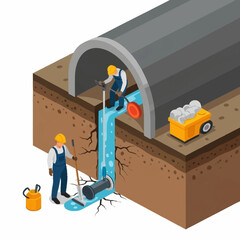Workers Inspecting Tunnel Water Flow System. © karina