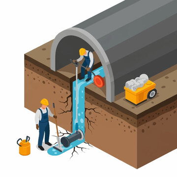 Workers Inspecting Tunnel Water Flow System.