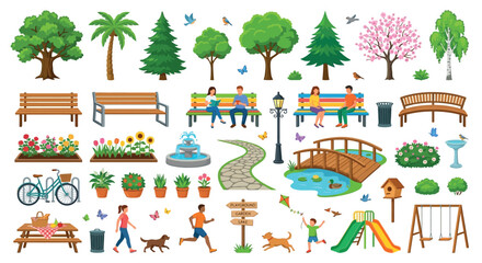 Naklejka premium Park Elements Vector Illustration With Trees Benches And Garden Features