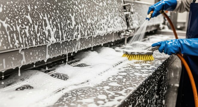 Food factory sanitation scene with thick foam covering stainless production line, showing wet metal texture, hygiene protocol, contamination control and clean process.