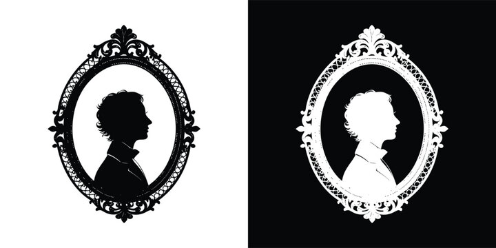 Elegant victorian silhouette portrait framed in an ornate oval border
