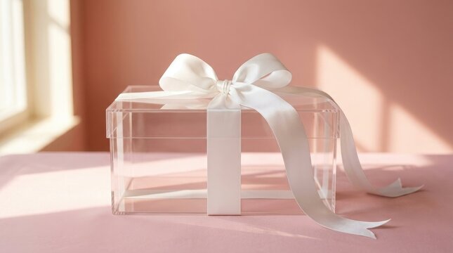 Elegant clear gift box with white ribbon on pink background