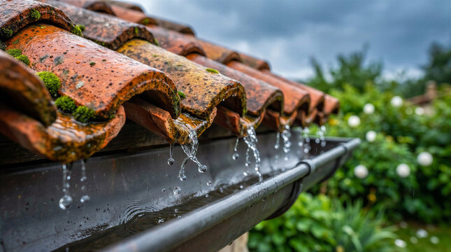 Water dripping from terracotta roof tiles during rainy weather  