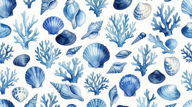 Blue oceanic seashell and coral pattern