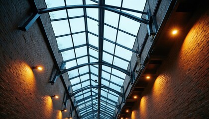 Fototapeta premium Upward view of industrial interior with brick walls. Glass ceiling lets in daylight. Metal beams support roof structure. Lights illuminate hallway.