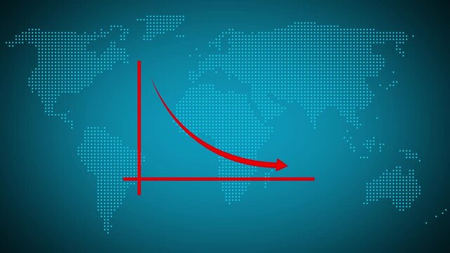 Global Recession Economic Downturn Financial Crisis World Map Chart Graph Decline Arrow Red Blue. Global Economic Downturn And Recession With Financial Crisis, Decline, And Market Plunge