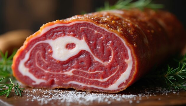 Capicola cross section shows layers of red meat and white fat. Cured pork meat appears striped like rock. Appetizing meat texture detail on cutting board.