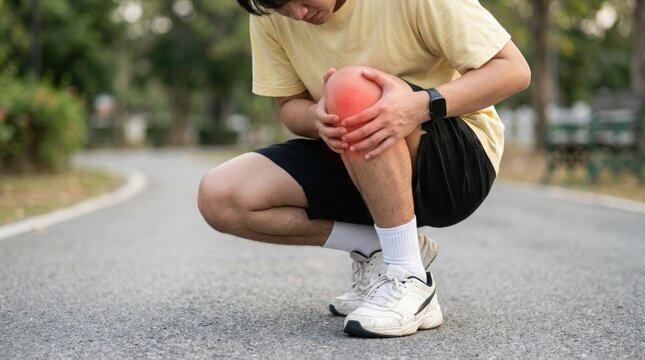 Runner with knee pain crouching on park road injury concept