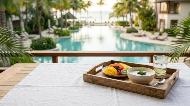 Healthy resort breakfast served on wooden tray by poolside