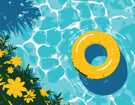 Water pool summer background with yellow pool float ring. Summer blue aqua textured