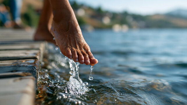 Close-up of older bare feet just touching icy blue lake water from a weathered dock, ripples spreading across the surface, photorealistic, cinematic close-up, shallow depth of fiel