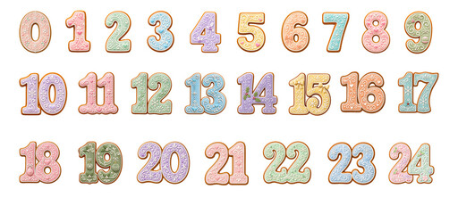 Obraz premium Christmas gingerbread advent calendar numbers 1 to 24 decorated with colorful icing on transparent background. Set of festive cookie digits for winter holiday countdown and celebration.