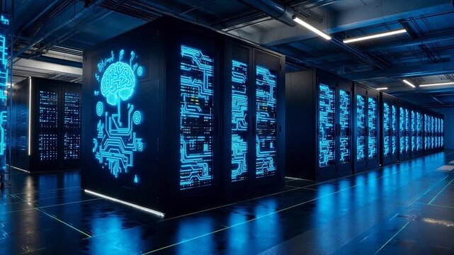 Server room with glowing circuit designs