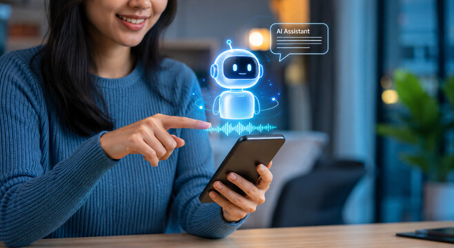 Woman Using Smart AI Assistant Chatbot App on Smartphone. Smiling Asian Female Interacting with Virtual Floating Blue Robot Hologram, Modern Living Room Background Concept.