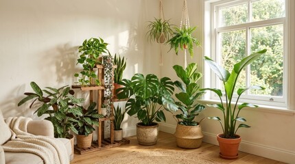 Fototapeta premium Sunlit room with diverse indoor plants, wooden shelf, cozy sofa, and large window view of greenery