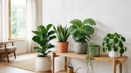 Fototapeta premium Bright room with diverse green plants on wooden shelf, by a window with natural light and soft furnishings