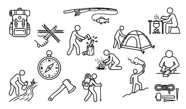 Wilderness Survival Outline Icons Including Fire Making Shelter Setup Rope Work and Wood Processing