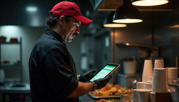 Man in red cap and black uniform uses tablet to manage online orders in a dark restaurant kitchen. Food preparation tech business concept. Efficiency.