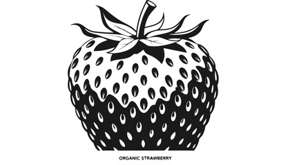 Very beautiful black and white close-up realistic vector of an ORGANIC STRAWBERRY featuring detailed berry texture and natural food styling, isolated on white background, with a label reading "ORGANIC © ehsanollah