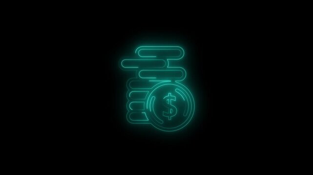  Cyan glowing neon coin stack with dollar sign icon for financial growth and finance concept.