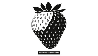Very beautiful black and white close-up realistic vector of an ORGANIC STRAWBERRY featuring detailed berry texture and natural food styling, isolated on white background, with a label reading "ORGANIC © ehsanollah