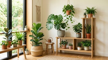 Fototapeta premium Indoor room with diverse potted plants on wood shelves, natural light through big glass window