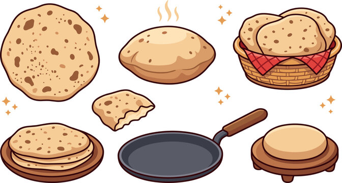 Indian Flatbread Cooking Vector Set Featuring Roti, Chapati, Puffy Puri, Bread Basket, Tawa Pan, and Dough on Wooden Chakla Rolling Board