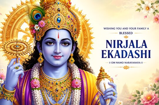 Lord Vishnu on Vaikunth Ekadashi, Krishna/Krushna Janmashtami, Ram Navami, Narsimha Jayanti, Onam, Ekadashi Vrat, Ananta Chaturdashi, Tulasi Vivah, Nirjala Ekadashi, Varah Jayanti, Aashadhi Ekadashi