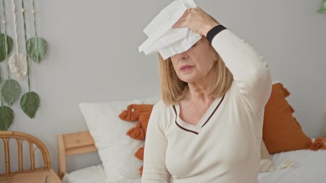 Middle aged woman presses tissue to forehead while holding an envelope on a bed in a bedroom; quiet sadness.