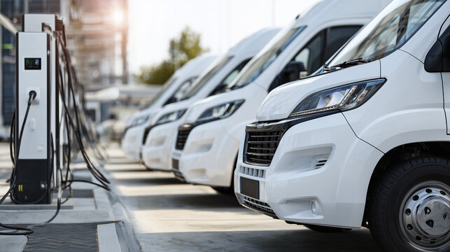Fleet of electric delivery vans parked at EV charging stations. Sustainable transportation, commercial electric vehicles, clean energy and zero emission logistics concept.