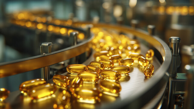 Golden softgel capsules moving along an automated pharmaceutical production line. Dietary supplements, pharmaceutical manufacturing and quality control concept.