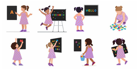 Fototapeta premium Collection of cute little girls learning to read and spell with colorful magnetic letters and boards for early childhood education and literacy.