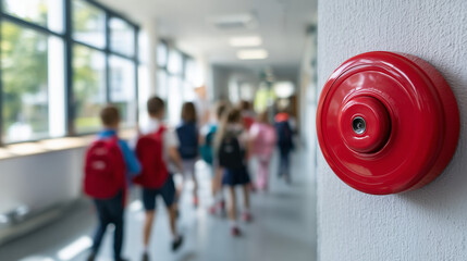 Close-up of a red fire alarm bell in a school hallway with students walking in the background. Fire protection, emergency alert system and school safety concept.