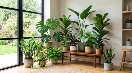 Fototapeta premium Bright room with various potted plants by a large window; wooden bench and shelf add warmth to the decor
